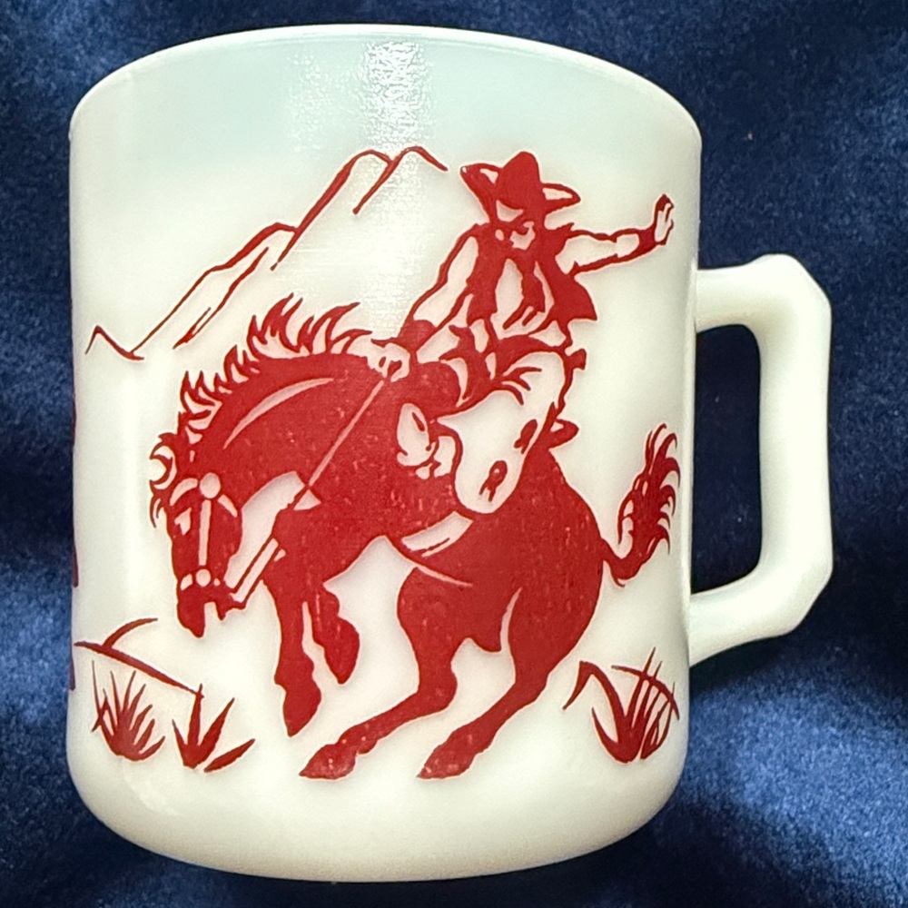 Hazel Atlas Milk Glass, Vintage 1950 Child's Mug, Cowboy & Indian Bucking Bronco